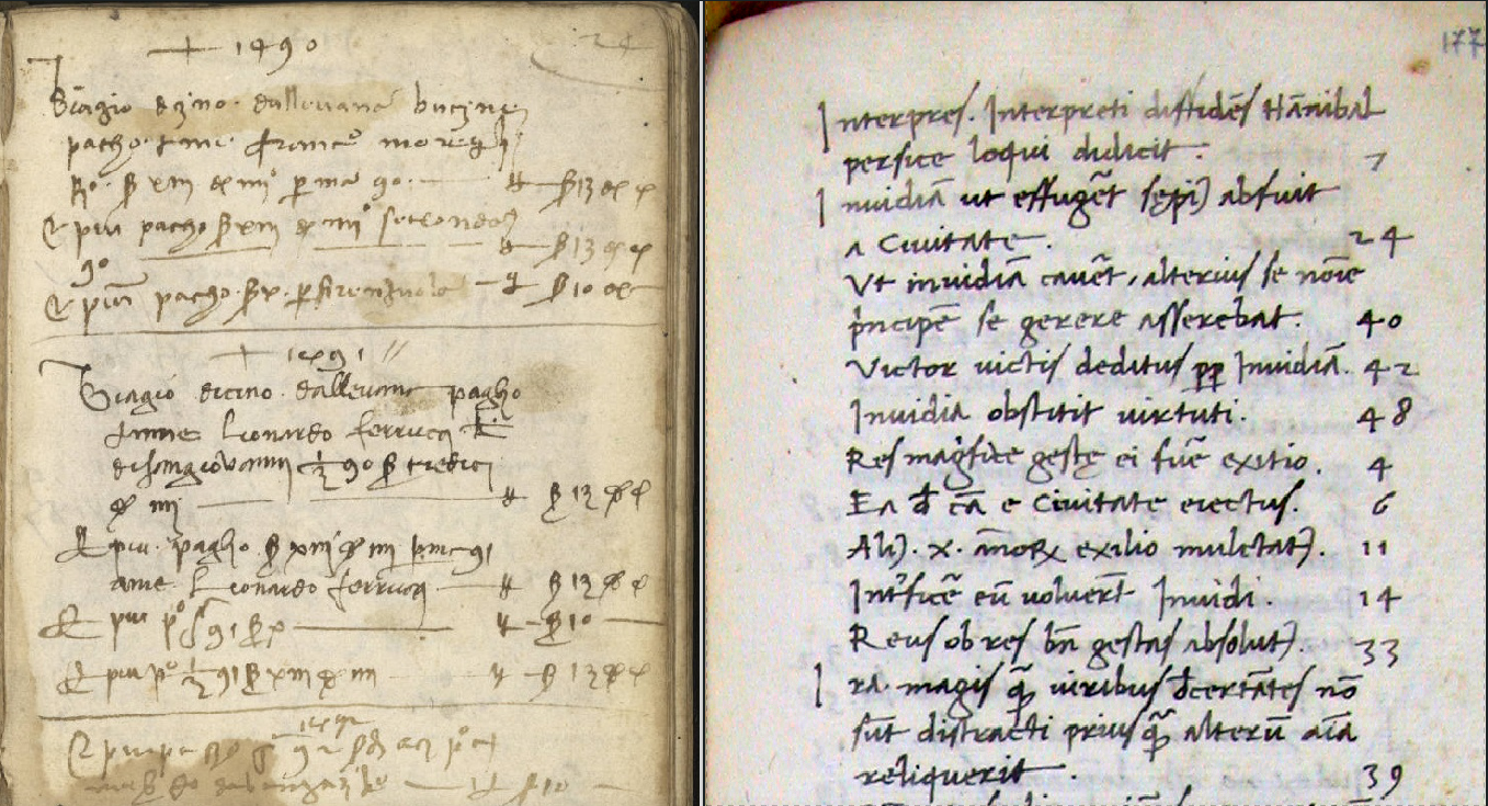 Left: Florentine Grain Dealer Account Book, 1466-1524. (SPC) MSS BH 005 COCH. – Right: Marulić, Rep. f. 177r